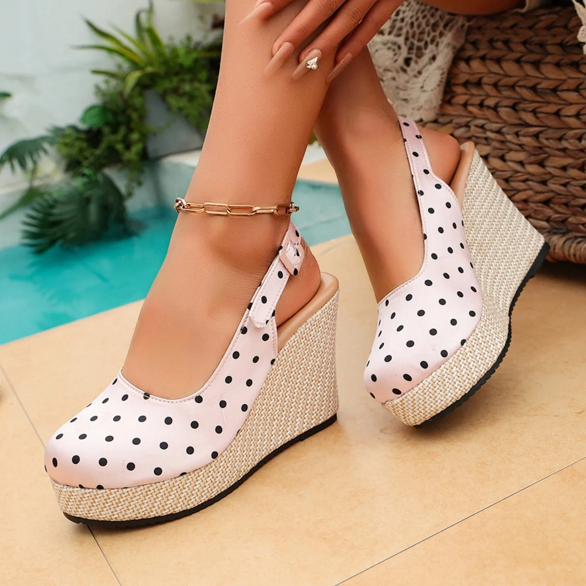 Polka-Dot Slingback Espadrille Wedges