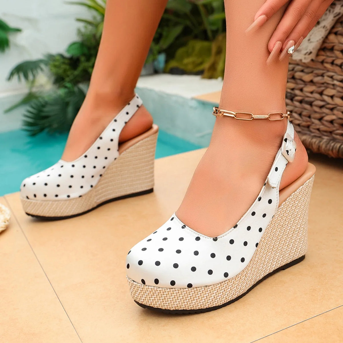 Polka-Dot Slingback Espadrille Wedges