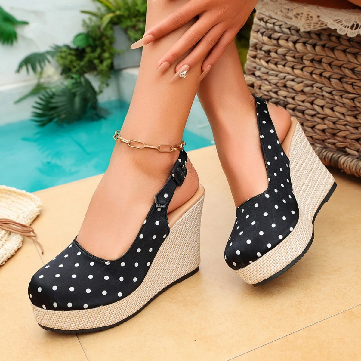 Polka-Dot Slingback Espadrille Wedges